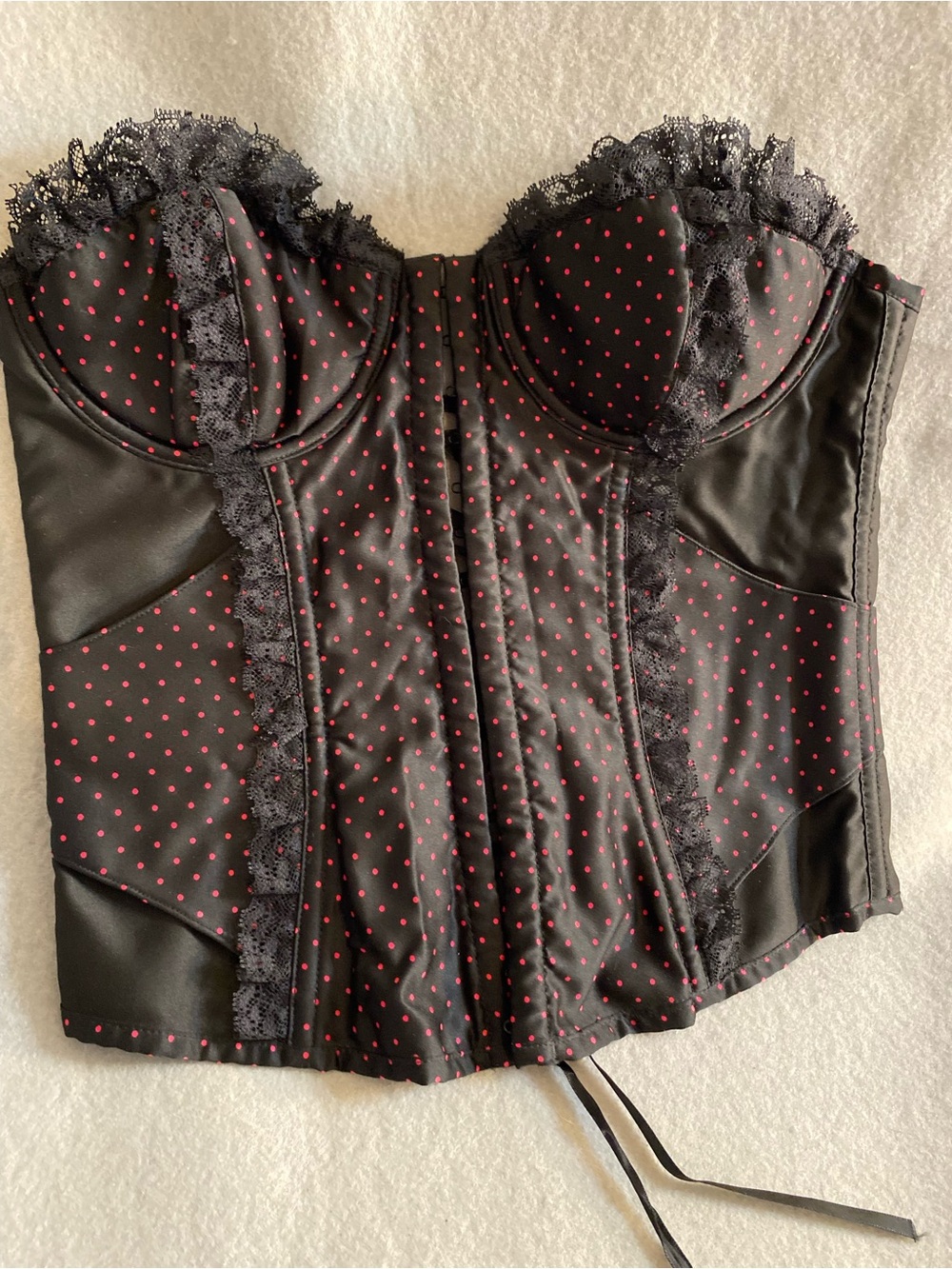 Victoria's Secret Black Bustier with Pink Polka Dots and Lace Trim